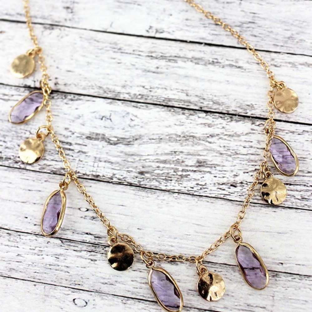 2/$15-VIOLET OVAL GEMSTONE GOLDTONE CHARM NECKLACE